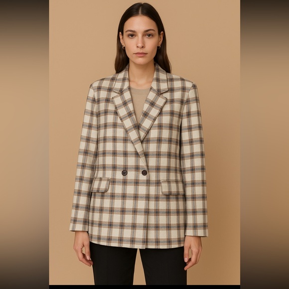 H&M Jackets & Blazers - H&M Double Breasted Blazer Woman Large Plaid Boxy Oversized Lined Preppy Office